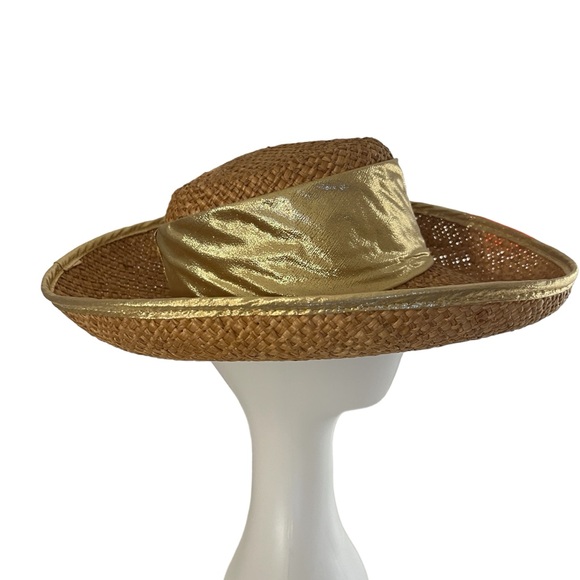 VINTAGE HAT 80s CACHÉ Straw Gold Metallic Shiny Lame Band+Rim Sun Beach Hiking - Picture 5 of 12